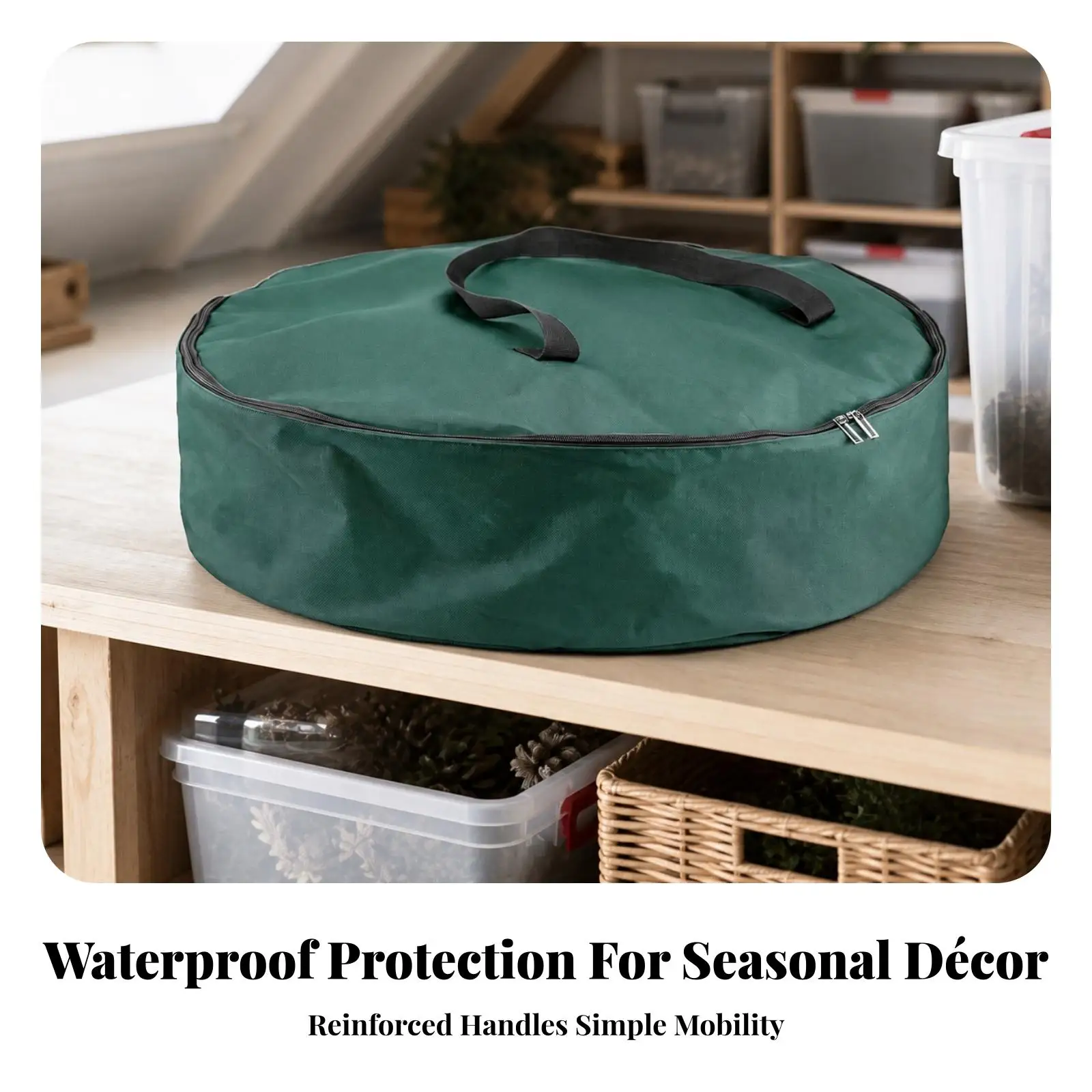 Waterproof Wreath Storage Bag for Christmas Decorations Round Flat Top Oxford Cloth Cover with Dual Zipper and Carry Handle for