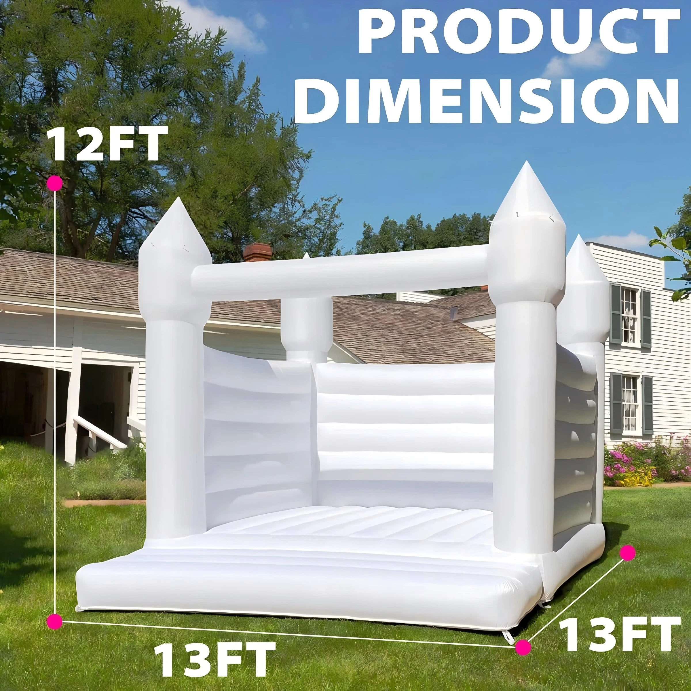 Castelo de casa de salto branco inflável, casa inflável oxford de 13x13x11 pés com ventilador para aniversário de crianças pequenas, personalização de casamento