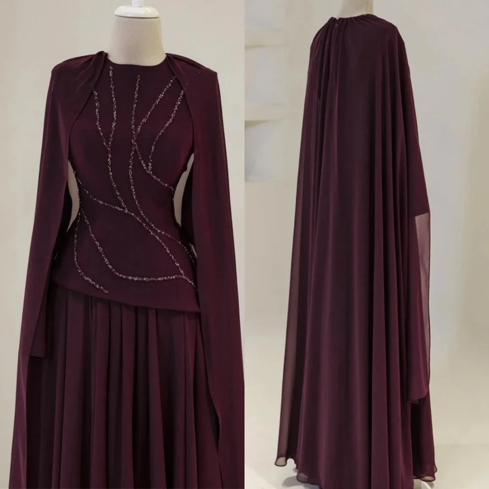 

Элегантное бордовое вечернее платье с накидкой с круглым вырезом и пайетками, трикотажное платье трапециевидной формы для выпускного вечера, плиссированное шифоновое длинное вечернее платье по индивидуальному заказу