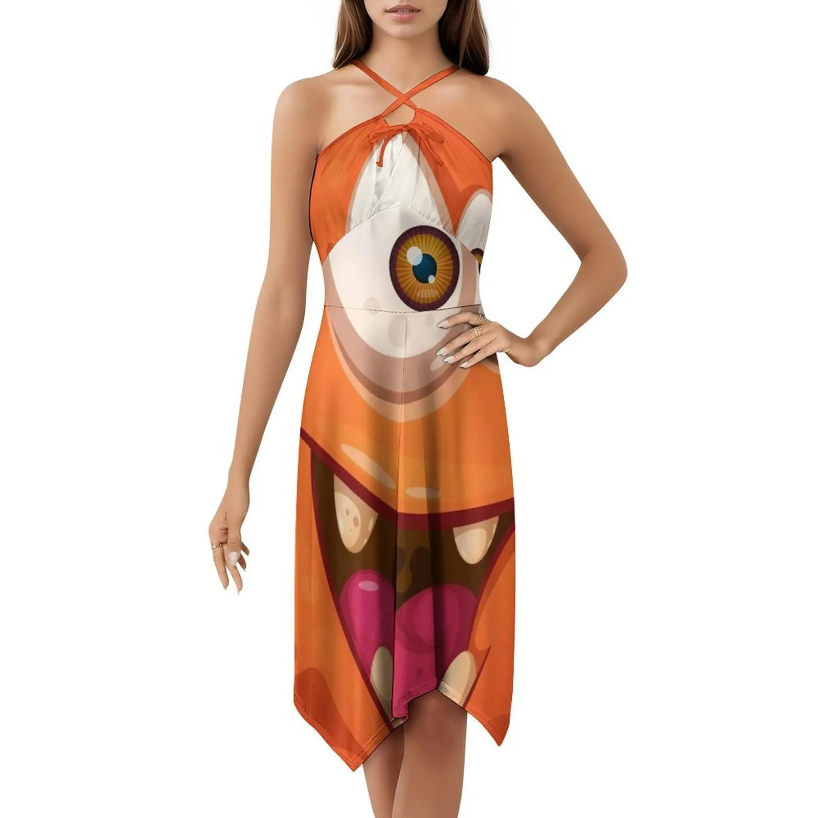 فستان بوهيمي لطيف ومجنون على شكل وحش كرتوني بدون أكمام للنساء مطبوع عليه فساتين حفلات الشاطئ وحفلات أعياد الميلاد السعيدة