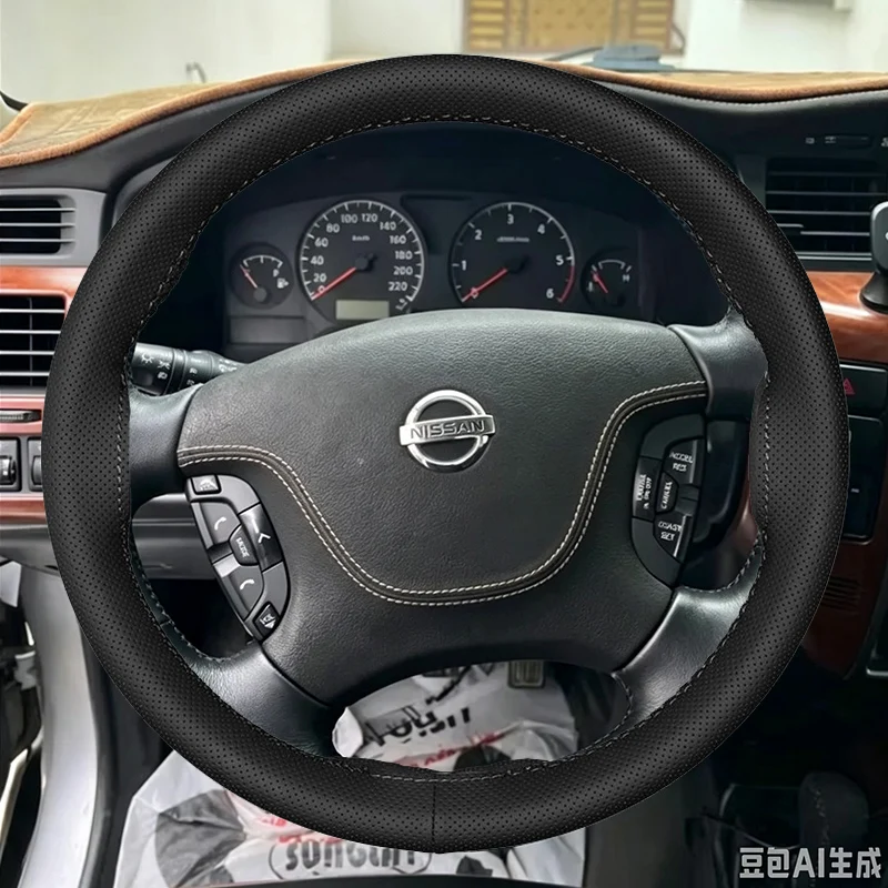 For Nissan Patrol Y61 Customized Hole-punch Wear-resistant Car Steering Wheel Cover  Black Genuine Leather