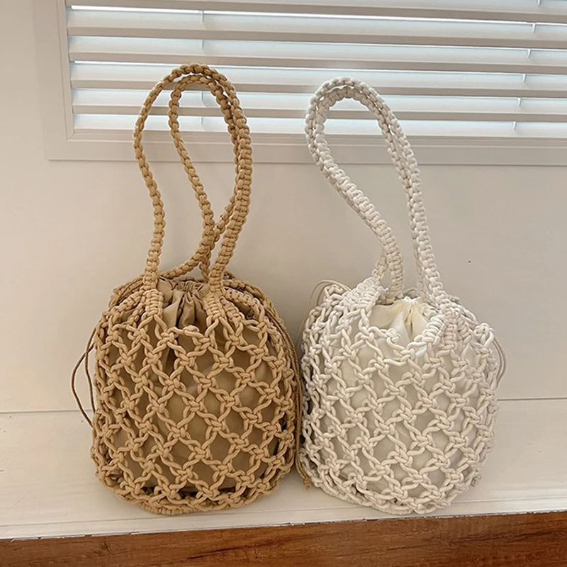Sommer Strand Tasche Für Frauen Mesh Seil Gestrickte Eimer Schulter Taschen Reticulate Hohl Reise Shopper Totes Damen Mode Handtasche – Detail 16