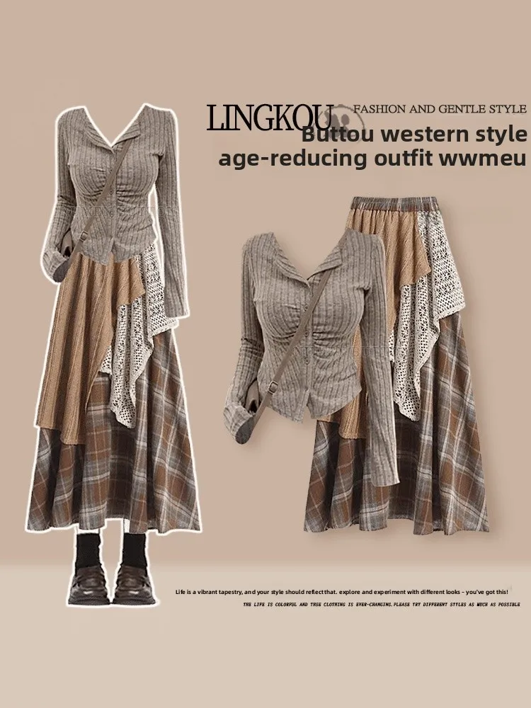 

plus Size Autumnal Mermaid Set Women's Pure Desire Slimming Anti-Aging Knitted Top with Vintage Lace Half Skirt Two-Piece Set