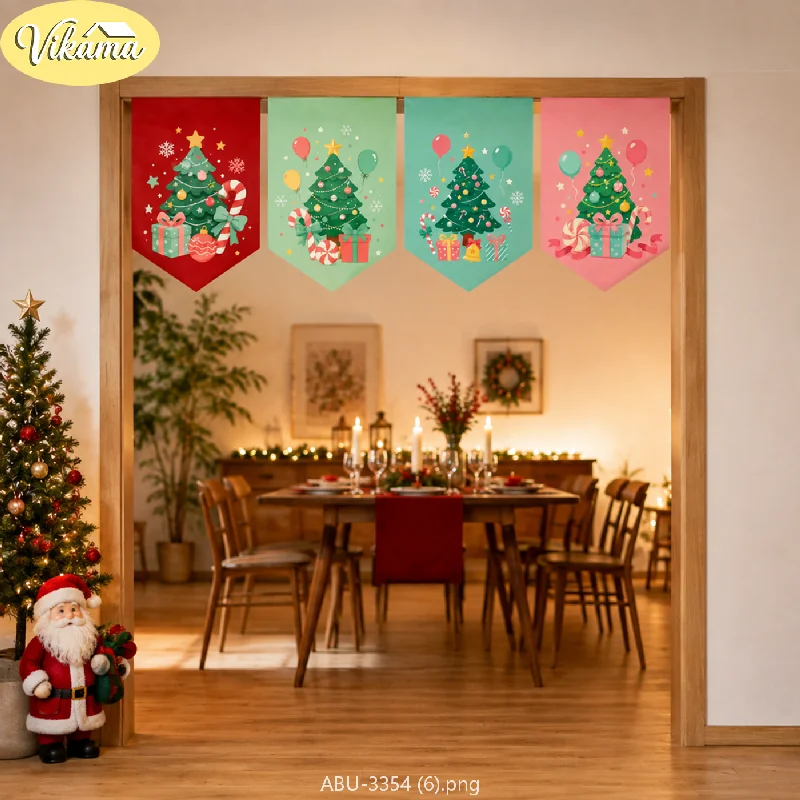 VIKAMA Christmas Snowman Pine Pennant Flag Set Candy Cane Present Scarlet Emerald Bar Doorway Hanging Kitchen Dining Entryway