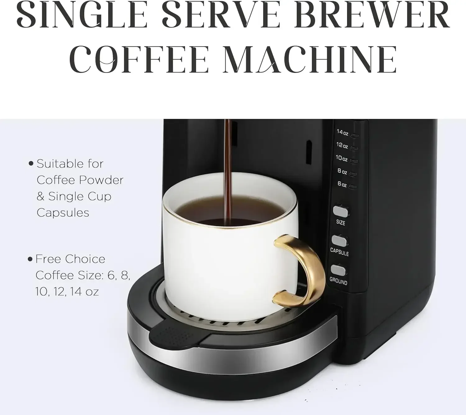 Sunvivi Single Serve Coffee Maker For Single Cup Pods & Ground Coffee with 30 Oz Detachable Reservoir, 3 levels