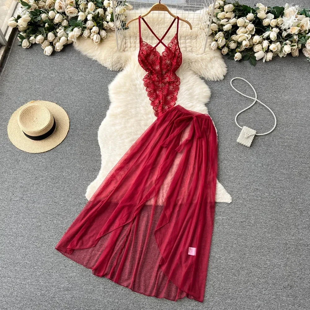 

new Women's Multicolour Transpar Sexy Charming Flowing Mesh Long Skirt With Girls V-neck Lace Hollowed out Flower Top Two Pieces