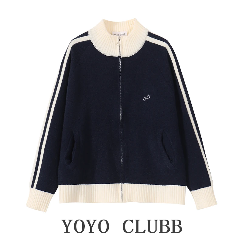 

American Color Blo Stand Collar Sweater Cardigan ort Outerwear Autumn Winter Design Sense Baseball Knitted Top for Women