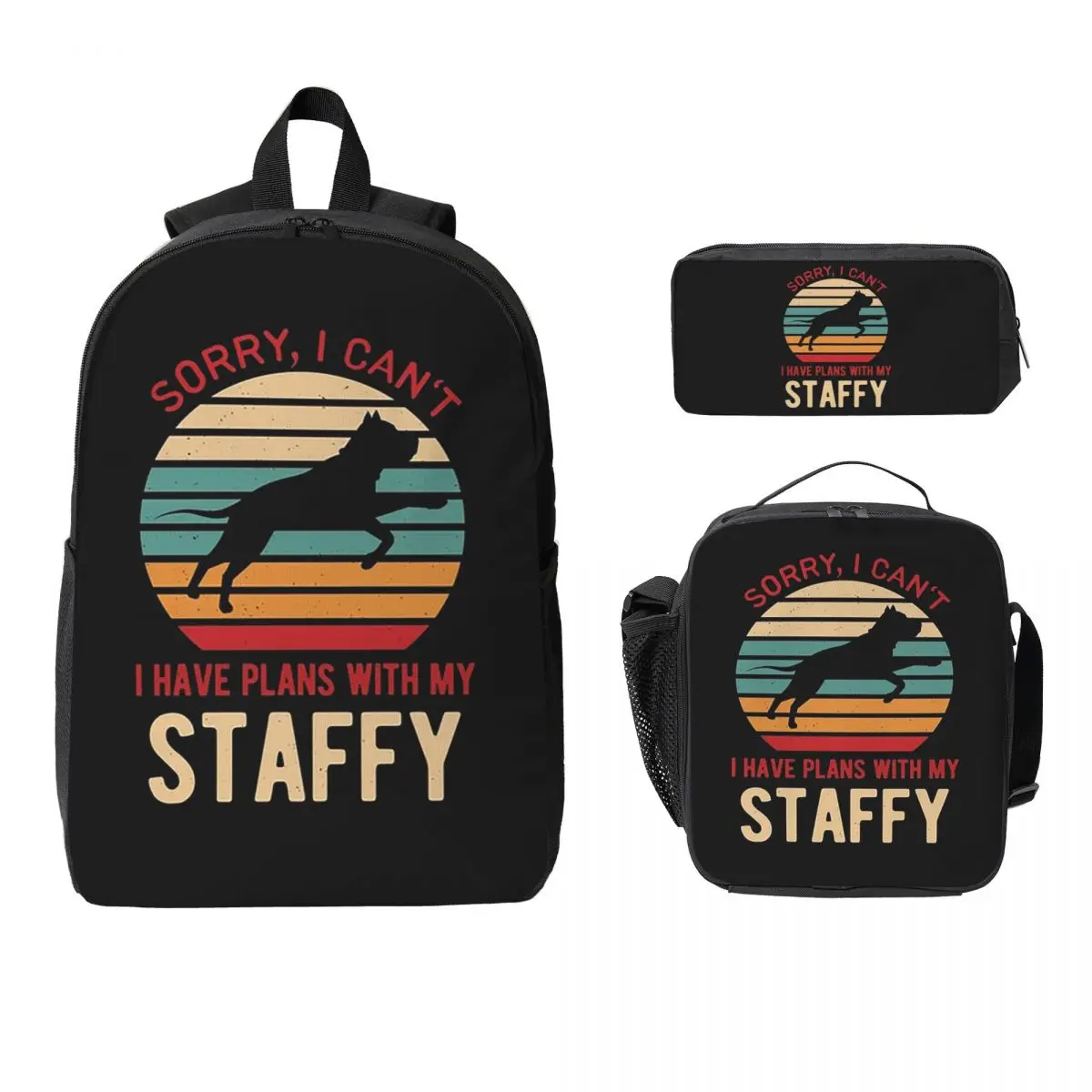 Funny Staffordshire Bull Terrier Dog Backpack BookBag School Bag Laptop Shoulder Bags 3ps Insulated Lunch Bag Pencil Case