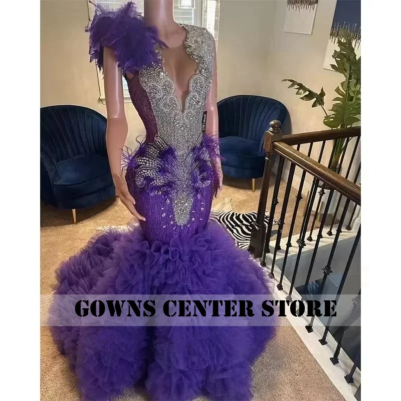 

Luxury Long Prom Dresses 2026 Pruple Beading Diamonds Crystal Senior Birthday Party Gowns With Ruffles Tiered Robe Customized