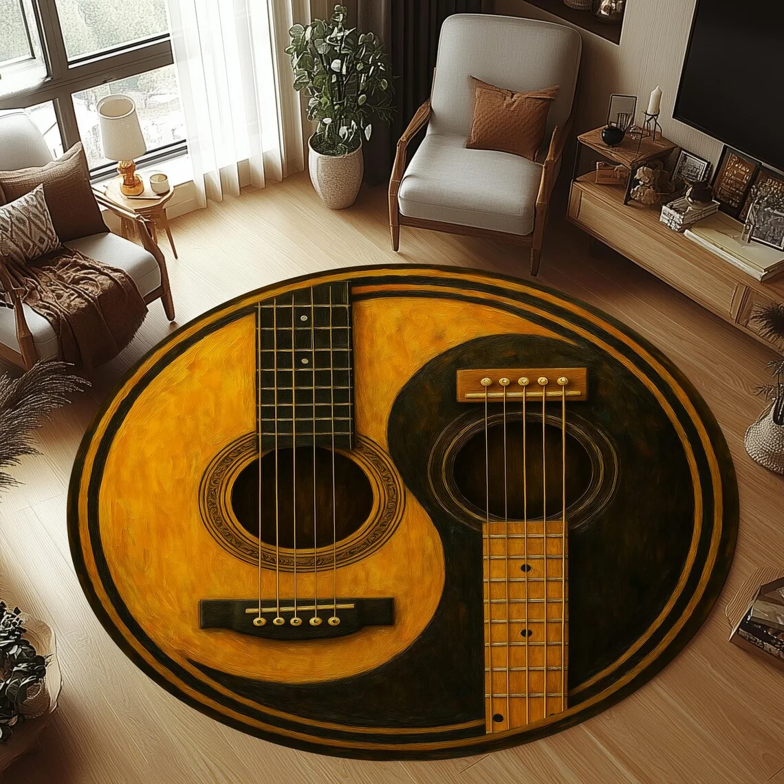 Round Guitar Rug Non-Slip Machine Washable Carpet Kid Bedroom Round Carpets Living Room Floor Mat