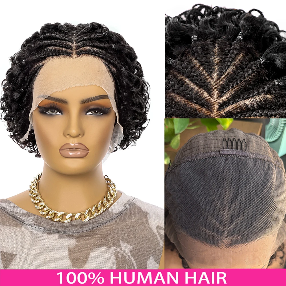 13X4 مجعد جديلة خصلات الشعر المستعار الإنسان قصيرة مجعد موجة الدانتيل الباروكات الأمامية مع مضفر قبل قطعها موجة المياه للنساء نمط أنيق #4