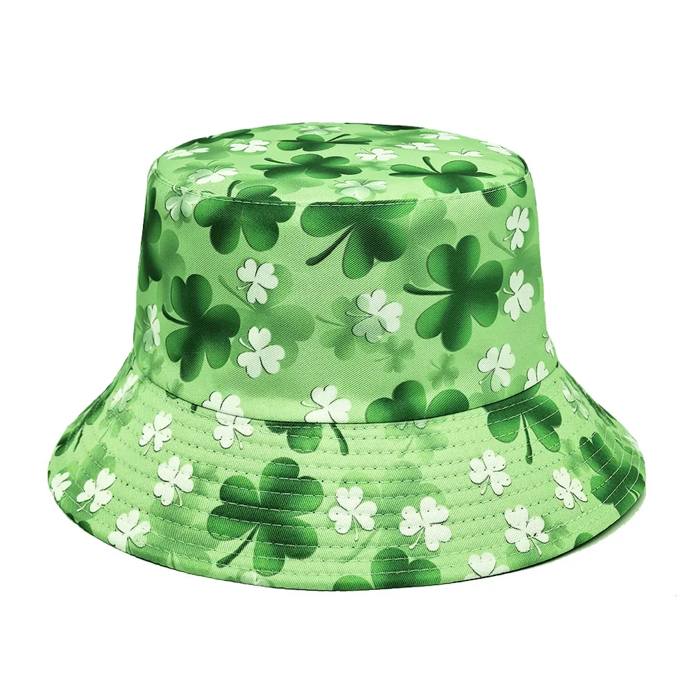 Green Hat St. Patrick's Day Ireland Clover Print Bucket Hats for Women Men Festival Party Fisherman Cap Summer Sunscreen Panama