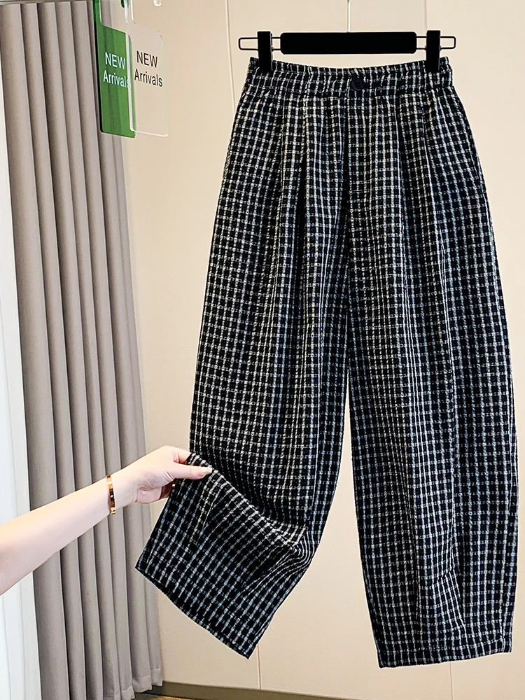 Elegant Black Plaid Wide Leg Pants Women's Summer Thin Loose Casual High Waist Elastic Waist Straight Leg Pants