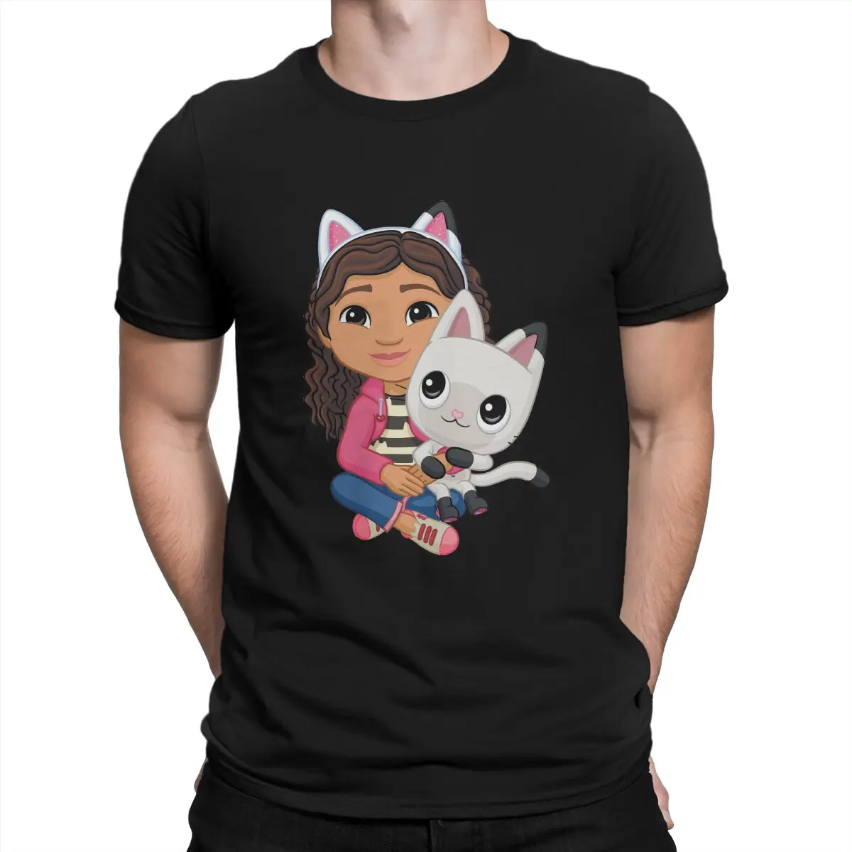 Cat T Shirts Men 100% Cotton Casual T-Shirts Crew Neck Gabby's Dollhouse Tees Short Sleeve Clothes Printing