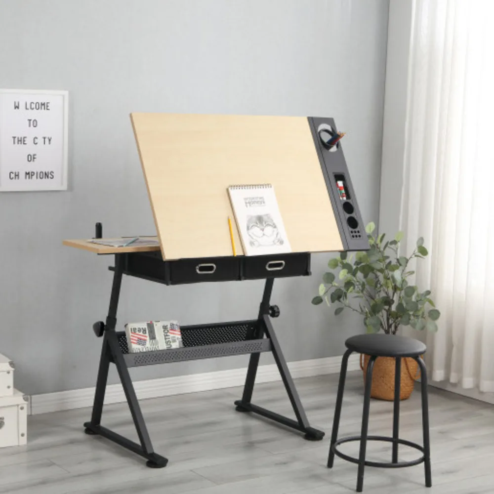 Height Adjustable Drafting Table  Drawing Table Artist Desk Tilting  Sketching Work Station W/2 Storage Drawers For Home Office