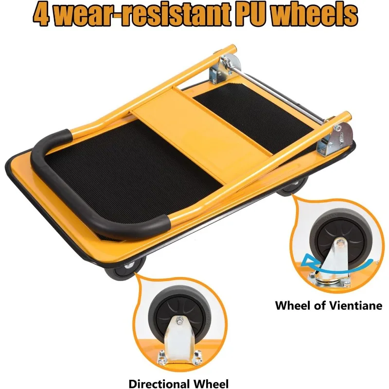 Foldable Push Cart Platform Cart 330lbs Capacity 4 Wheels 28.7x18.5x32.3inches Yellow with 2 Ropes Small Flatbed Cart