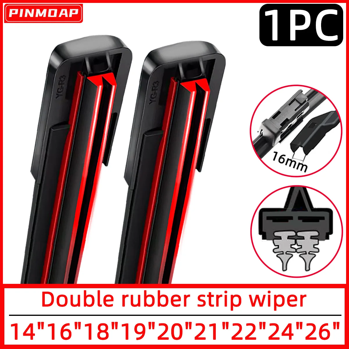 

PINMOAP Dual Rubber Strip Car Wiper Is Suitable For 16mm Interface Windshield Silent Wiper Blades 14"16"18"19"20"21"22"24"26"