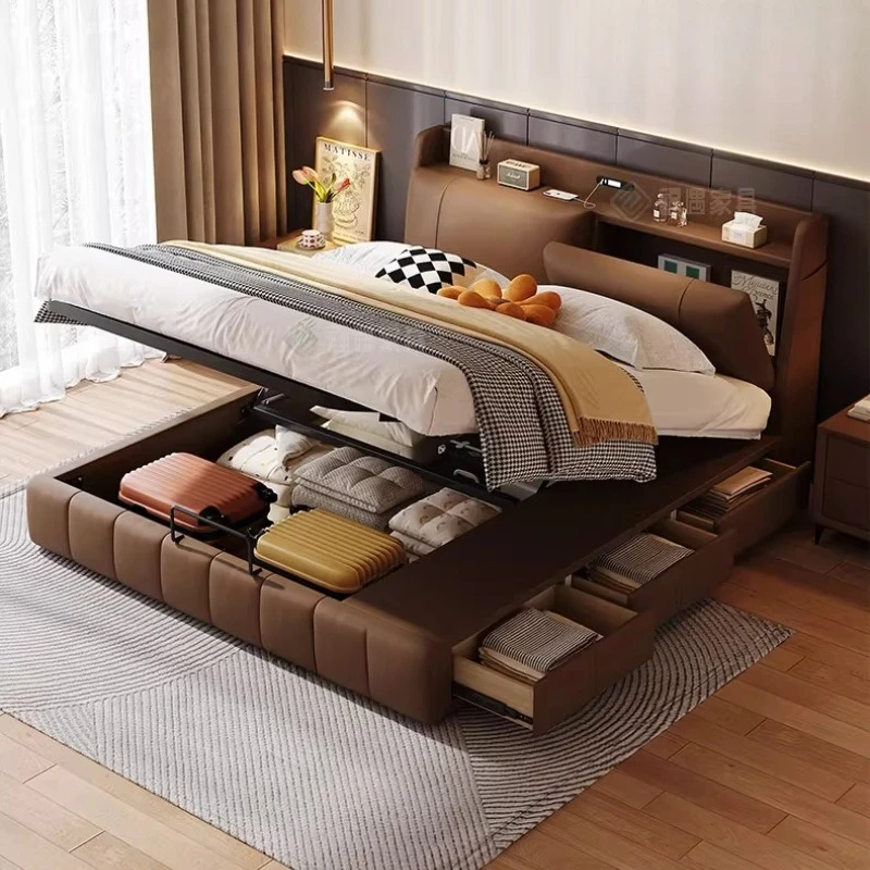 

Двуспальная кровать 200x220 см, деревянная многофункциональная тумбочка с тремя ящиками, кровать для хранения, домашняя современная роскошная мебель для спальни изголовья