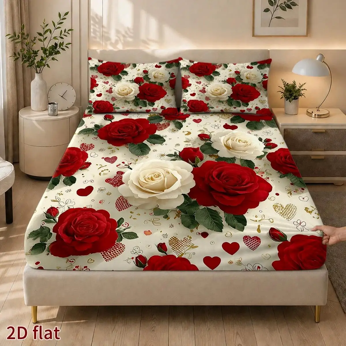 Breathable 3-Piece Mattress Protector Set, 1 Fitted Sheet + 2 Pillowcases (Without Filling) Mattress Protector Fitted Sheet with Pillowcases 2D Flat Printing, Red Rose Heart Theme, Romantic Art Style, Valentine's Day
