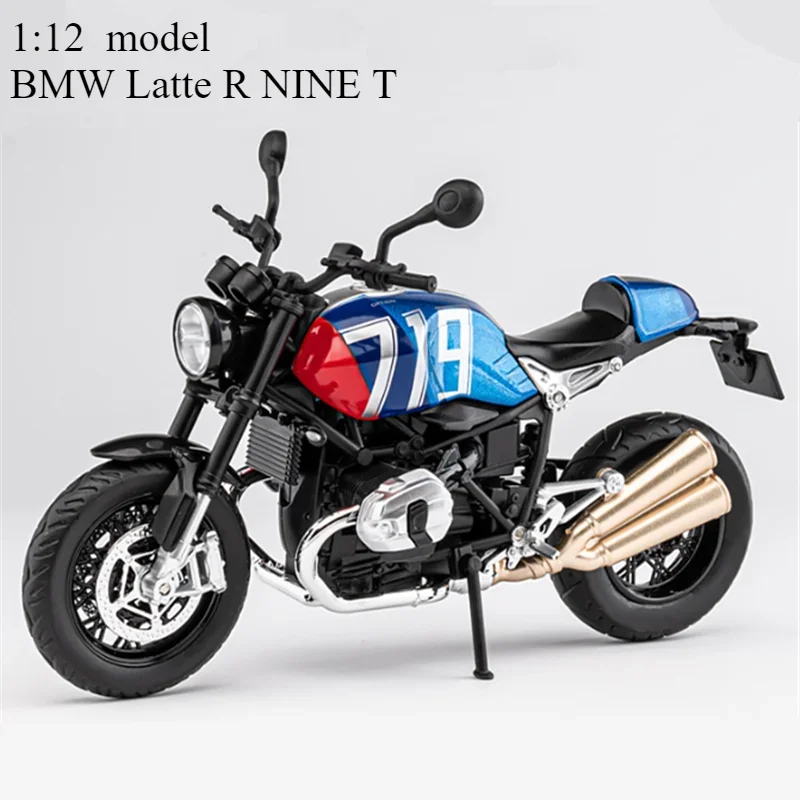 Mainan anak-anak, BMW Latte R NINE T Alloy Retro olahraga sepeda motor Model Diecast logam balap jalan suara dan cahaya 1:12