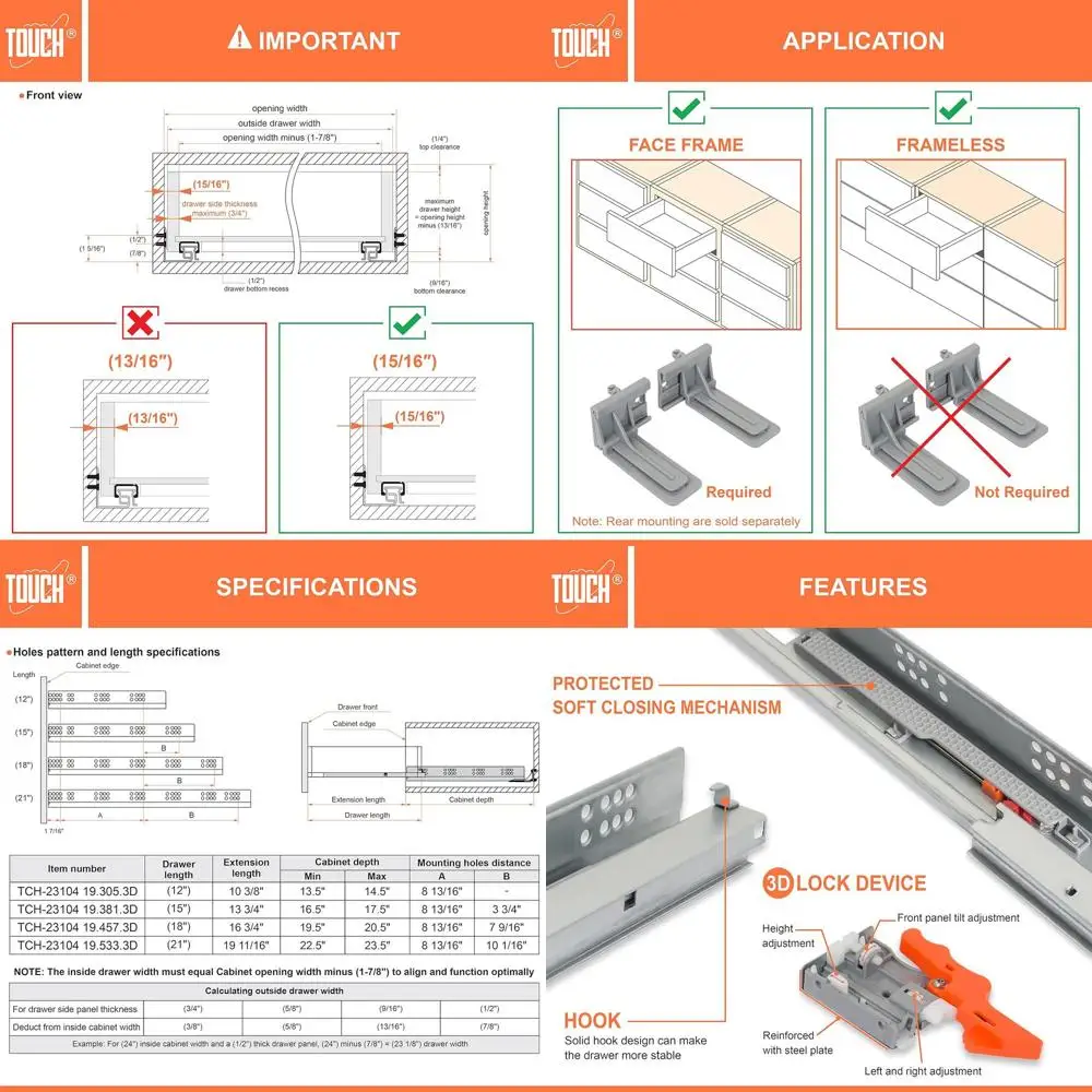 

21 направляющих для выдвижных ящиков скрытого монтажа, направляющие с мягким закрыванием снизу, грузоподъемность 75 фунтов, скрытые направляющие (5 комплектов, 53 мм)