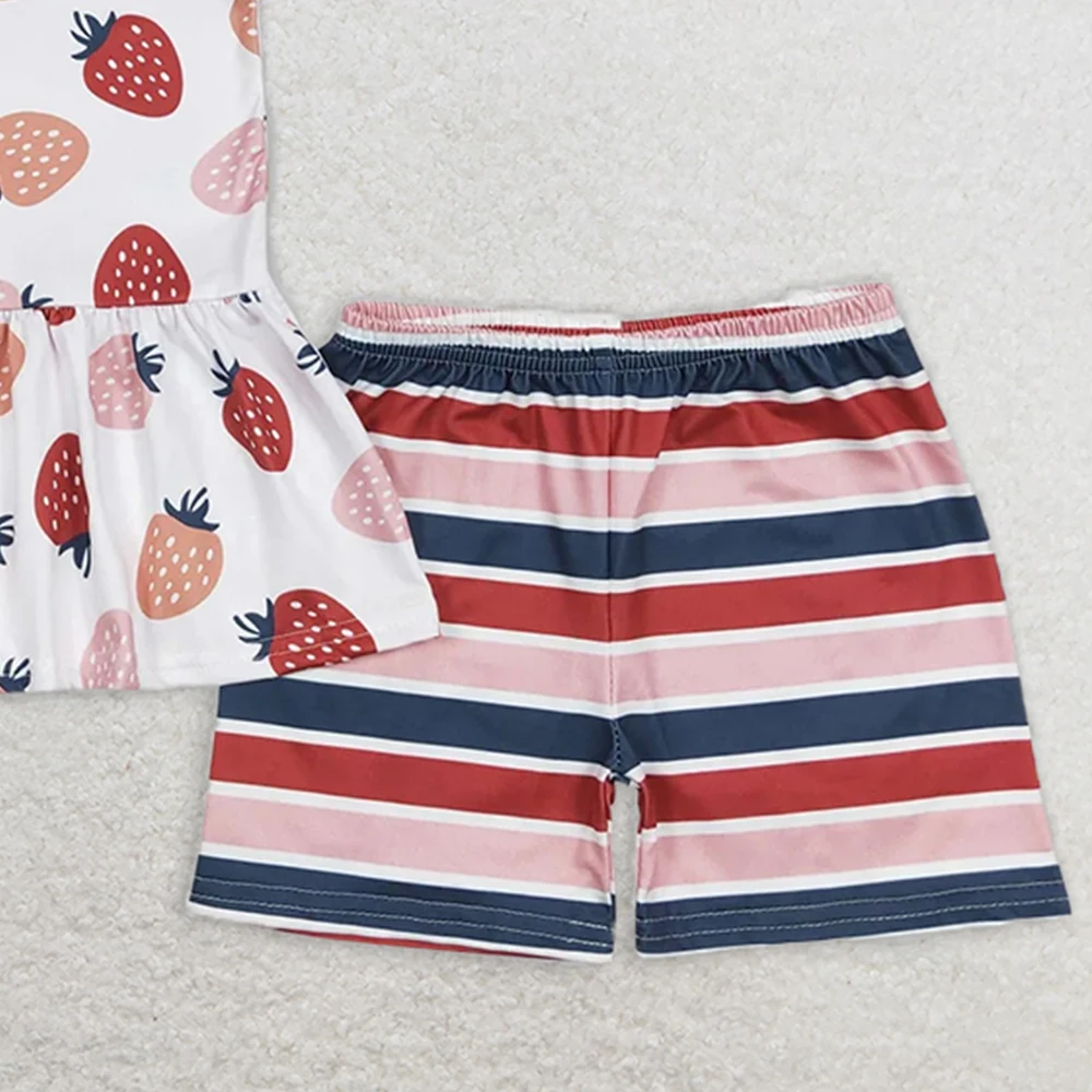 Completo estivo per neonata Top tunica fragola con pantaloncini a righe peplo Set senza maniche Set di abbigliamento per bambini