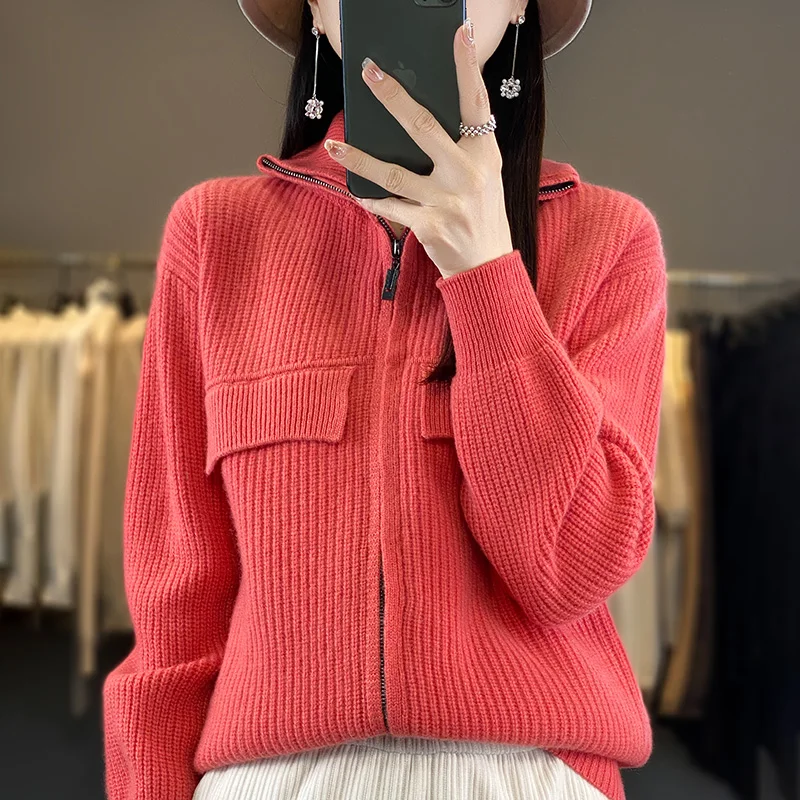 DjzDsm Autumn And Winter New 100% Cashmere Cardigan Thickened Double Zipper Design Knit Sweater Soft Warm Solid Color  Coat