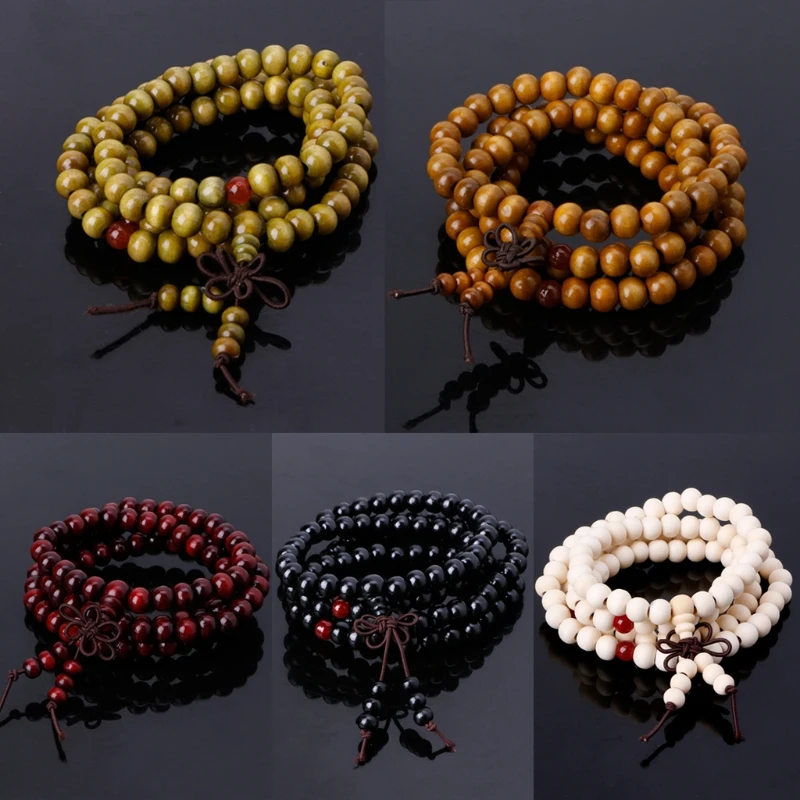 652F Natural-Sandalwood Bracelet 108 Wood Bead Buddha Prayer Jewelry Bracelet Multi-layer Religious Meditation Bracelet Gift