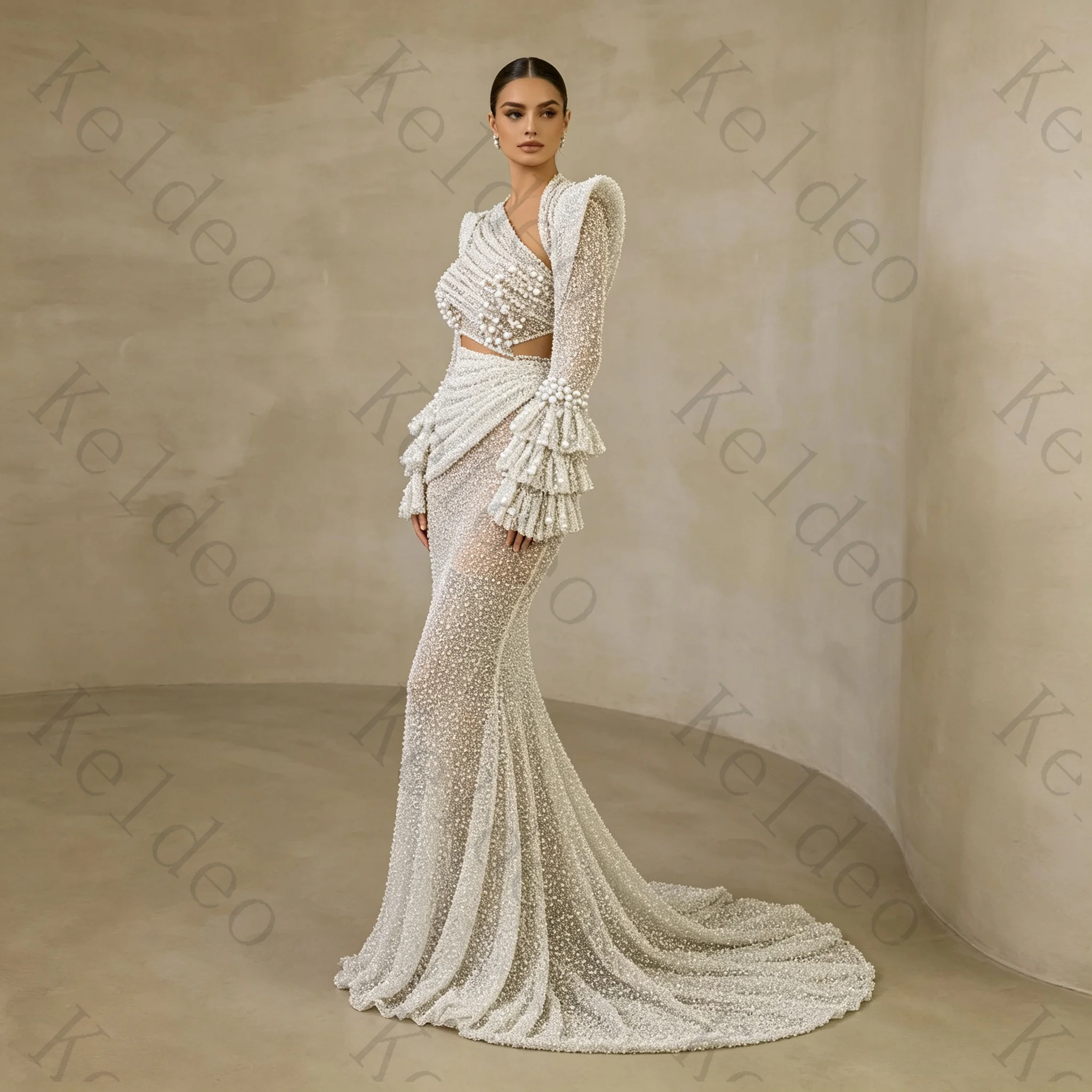 Customized Asymmetrical One-Shoulder Long Sleeves Mermaid Evening Dress Cut Out Sequins Beading Pearls Floor Length Formal Party
