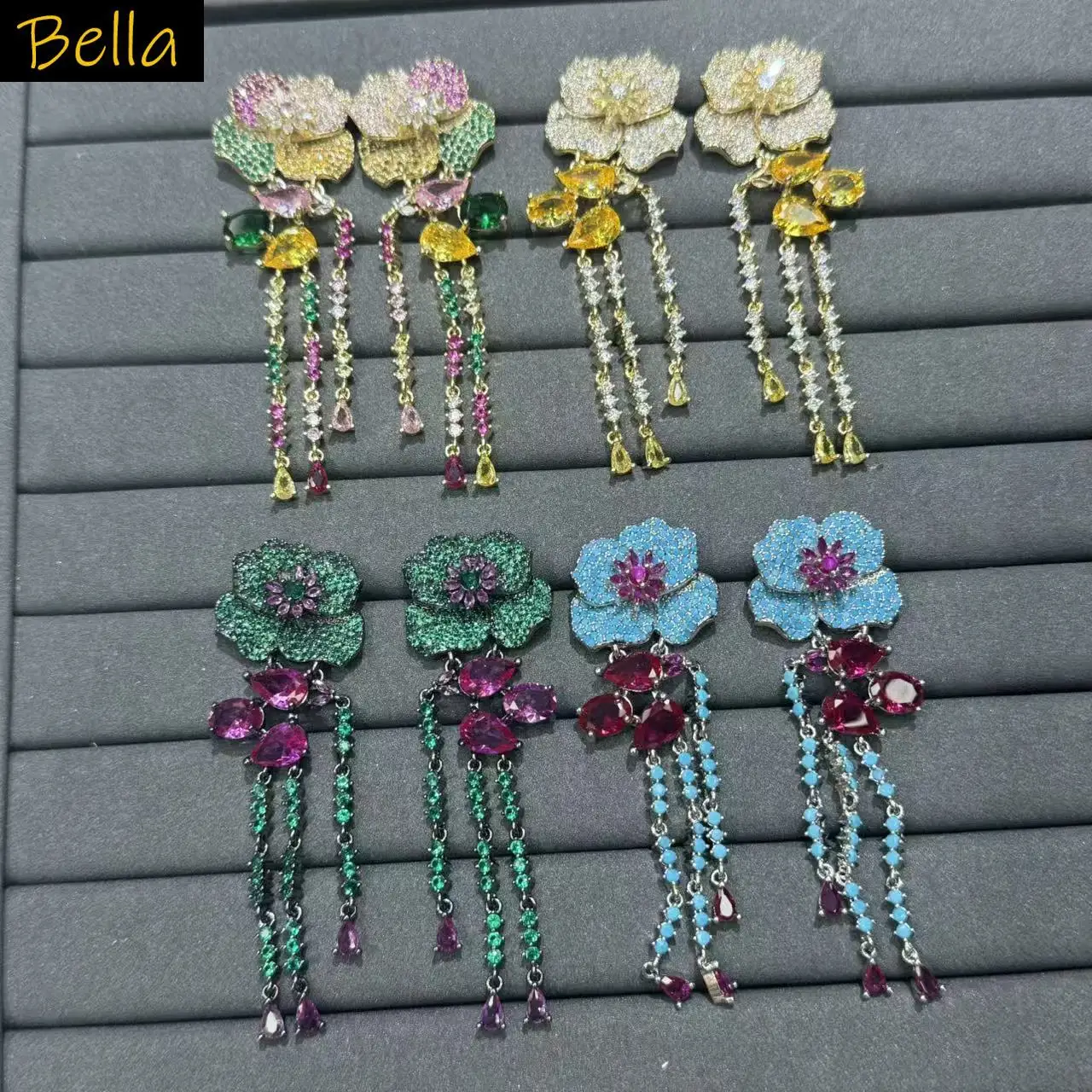 

Gorgeous zirconia earrings for women jewelry gala event dinner party long tassel dangling earrings flower blue green yellow
