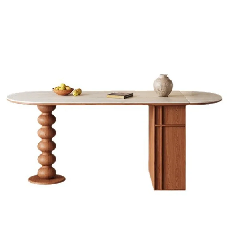 

Travertine rock slab dining table Chinese antique French retro home dining table Oval small apartment folding dining table