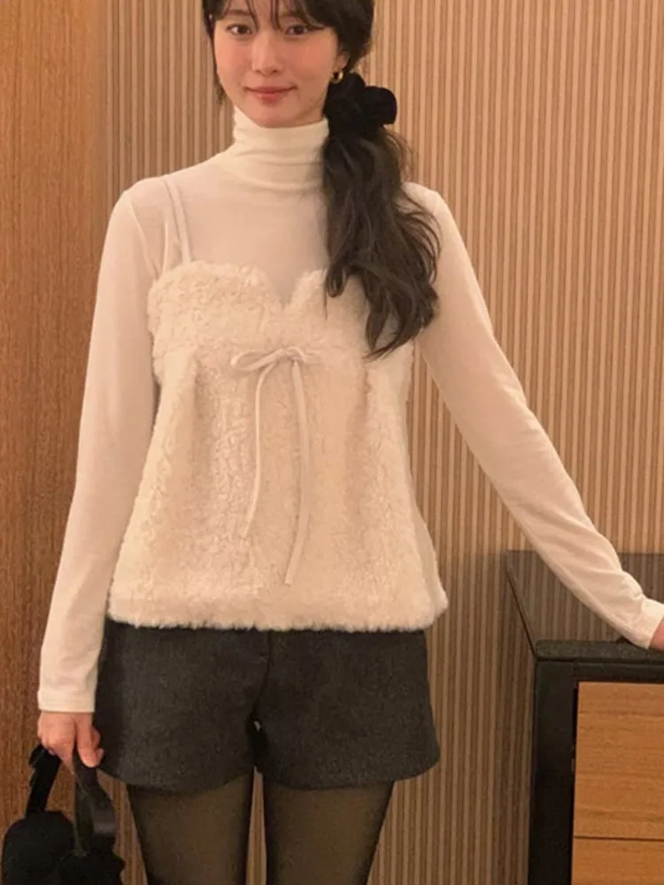 Lamsbontvest Strapl Knoop Damestop Herfst Winter Gelaagdheid Svel Koreaanse Sle Inner Wear Normale pasvorm