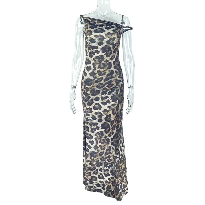 

OMSJ женское платье в асимметричном стиле 2025 года, утягивающее бедра с открытыми плечами, шикарное длинное платье с наклонным воротником и леопардовым принтом, клубная одежда