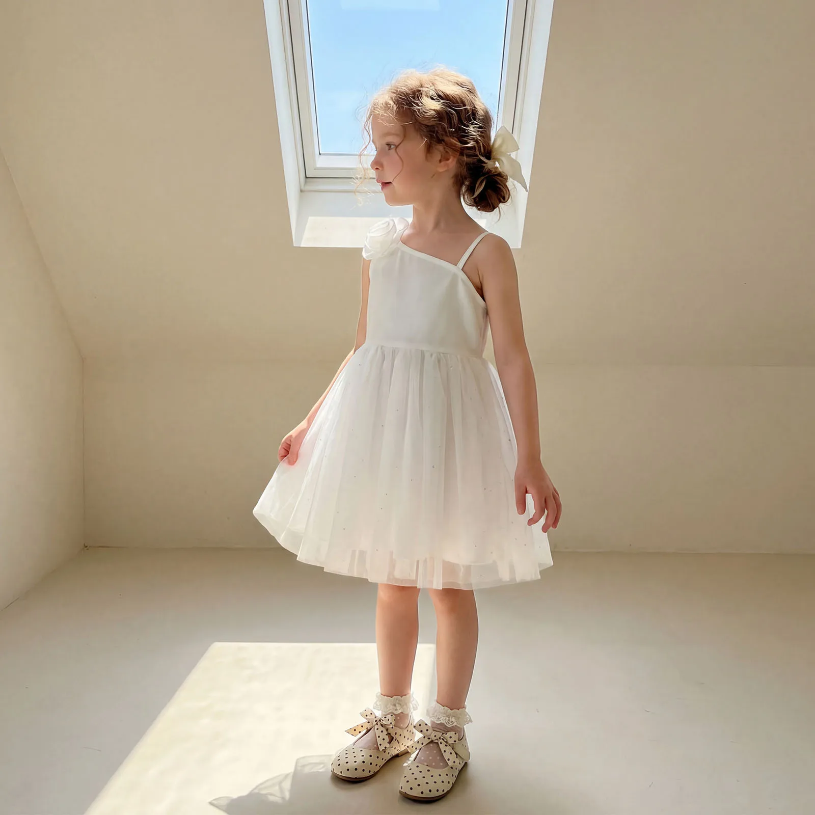 4-7Y Fashion Toddler Girl One Shoulder Sleeveless Princess Dress 3D Floral Tulle Patchwork Gown Elegant Party Tutu Dresses