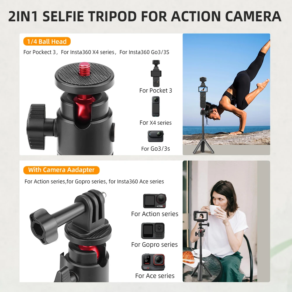 Selfie Stick Tripod for Insta360 X4 X3 Ace Pro 2 DJI Action 5 4 Pro Pocket 3 GoPro Selfie Stick With Tripod Stand Accessories