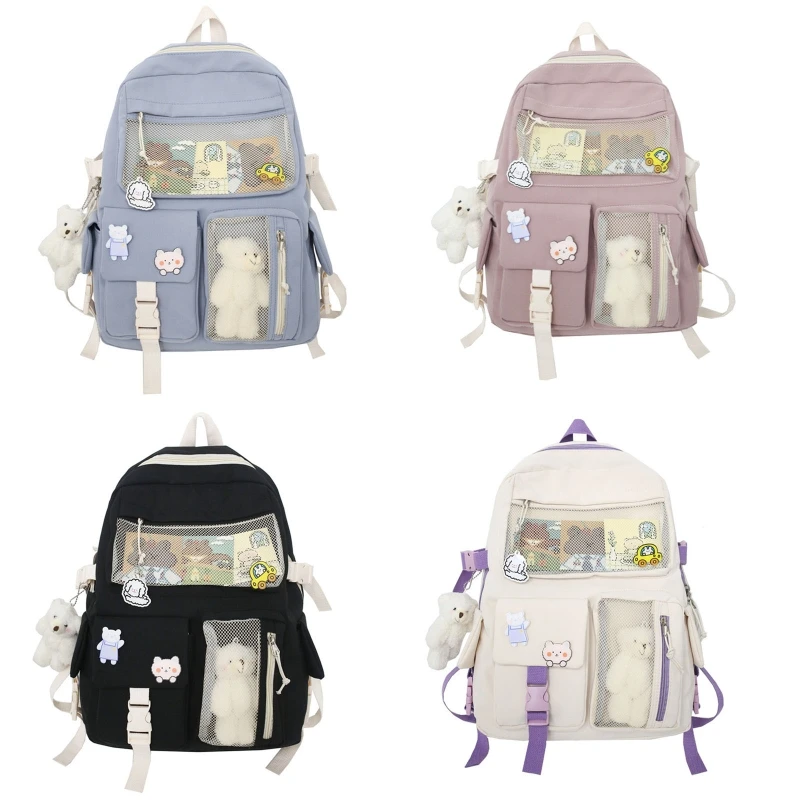 Mochila escolar de dibujos animados de estilo japonés, bolso de hombro doble con cremalleras y bolsillos para adolescentes, para