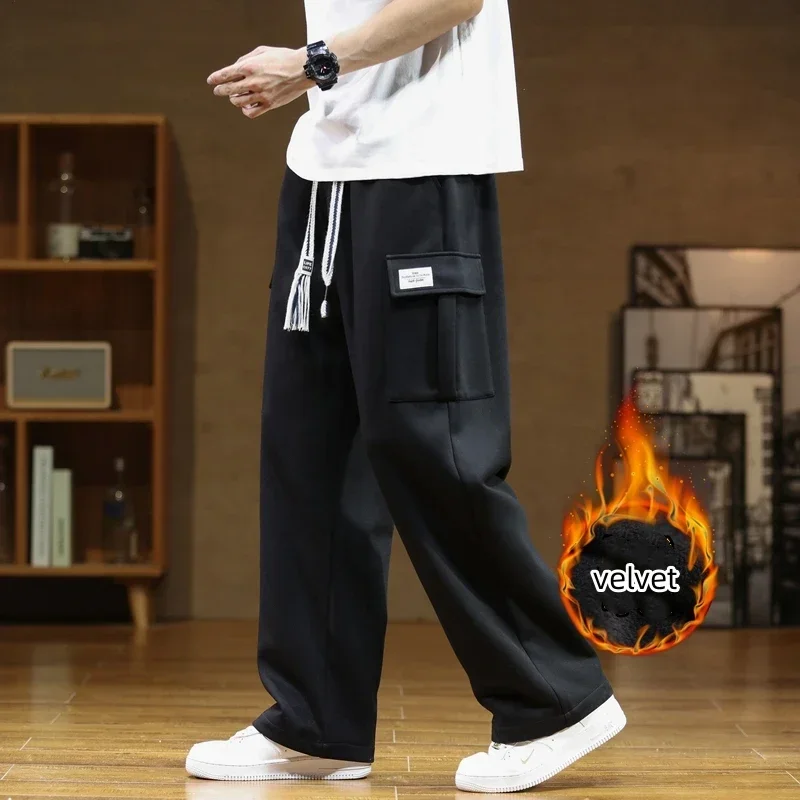 Winter Velvet Sweatpants Cotton Men Baggy Joggers Cargo Pants Neutral Breathable Loose Outdoor Solid Color Wide Legged Trousers