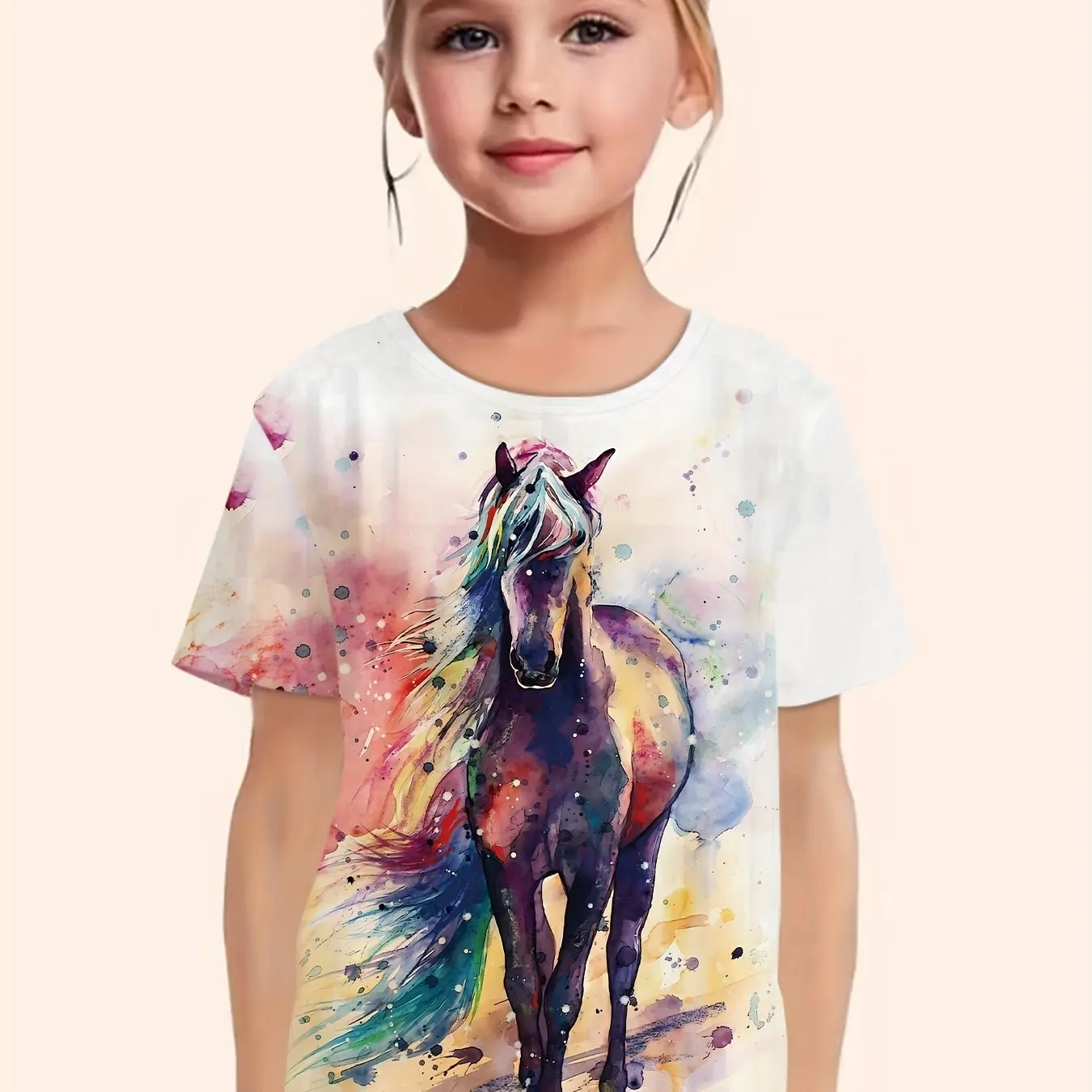 

T-Shirts for Children Girl Clothes Short Sleeve 3D Vintage Horse Print Kids Summer Clothes Casual Stylish Girl T-Shirt Oneck Top