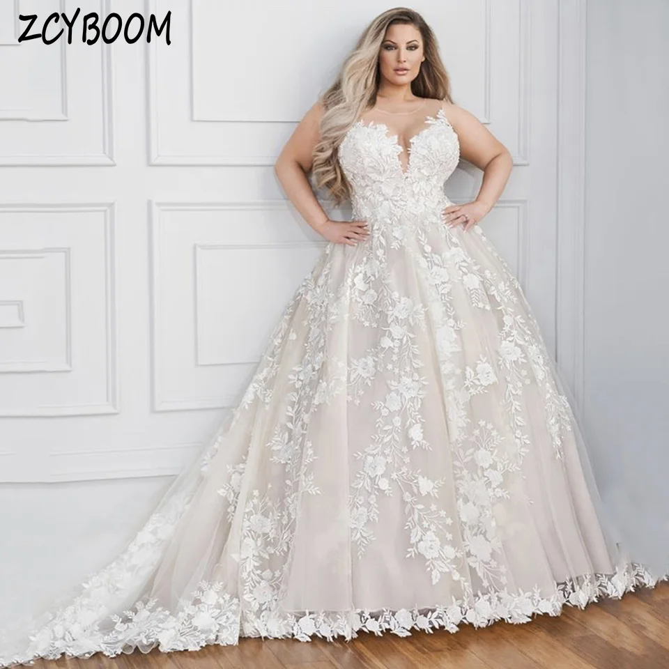 Customized Lvory O-Neck Appliques Sleeveless Wedding Dress 2024 A-Line Floor Length Sweep Train Lace Up Plus Size Bridal Gown