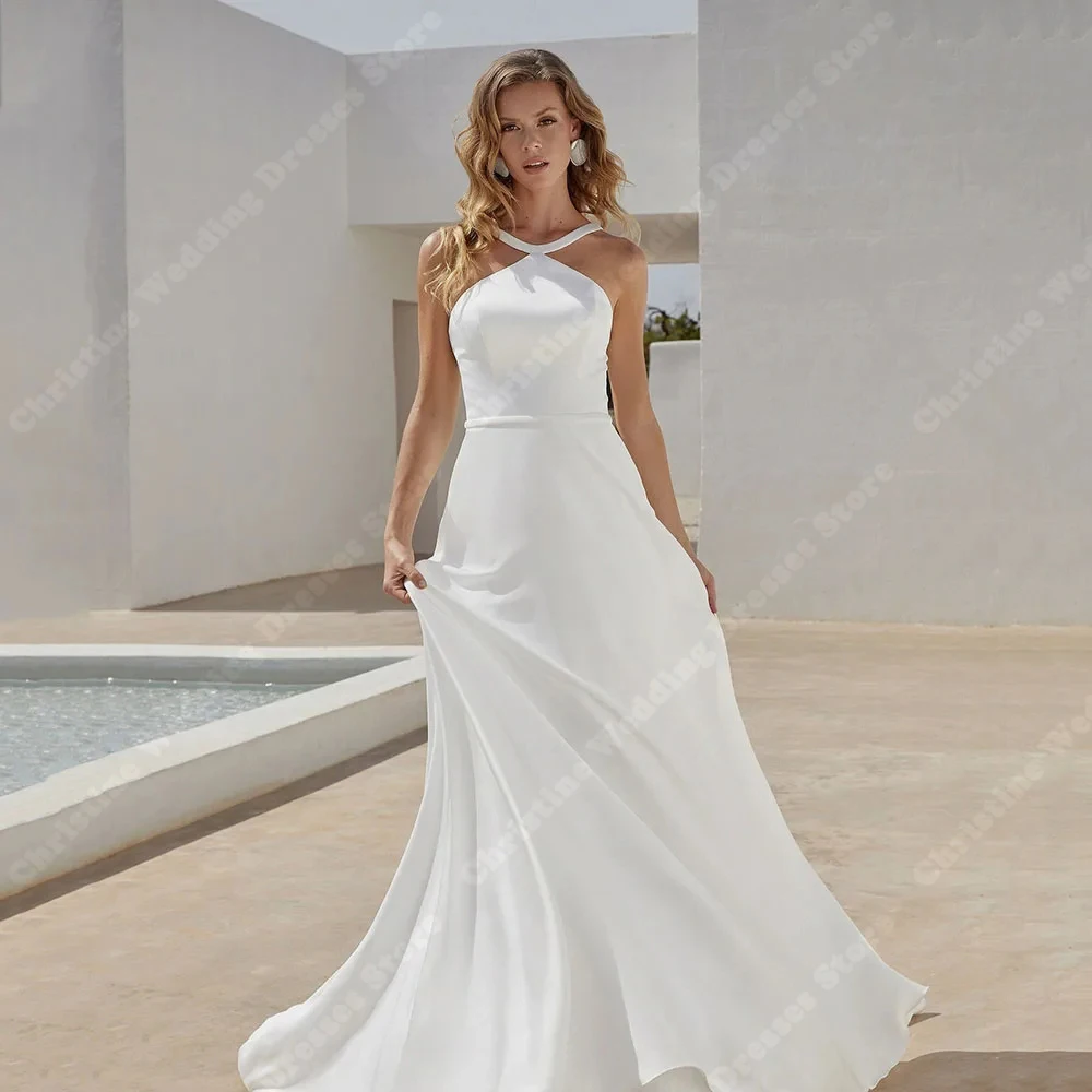

Halter Collar Women Wedding Dresses Sexy Elegant Sleeveless A-Line Bride Gowns Floor Mopping Party Vestidos De Novias Customized