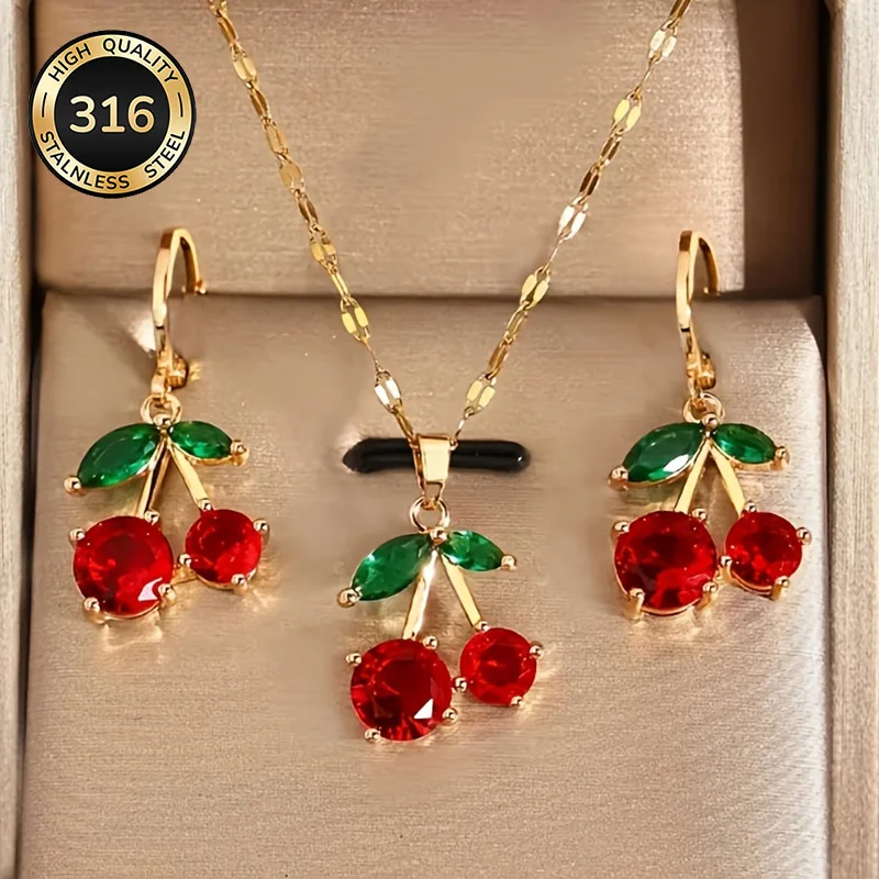 3-teiliges Edelstahl Minimalistisches Süßes Kirsch-Anhänger Halskette Ohrringe Schmuckset Elegante Damen Party Bankett Tägliches Tragen Mode
