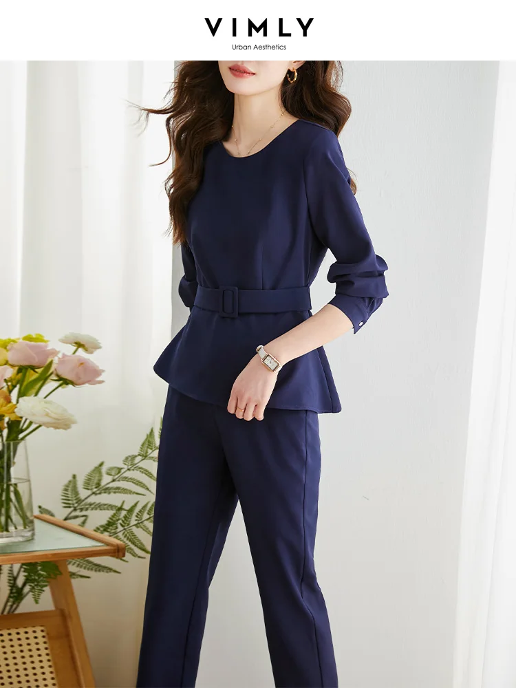 

VIMLY Elegant Solid 2 Piece Sets Women Outfit 2023 Early Spring Office Ladies Fashion Belt Long Sleeve Tops Pant Matching Set