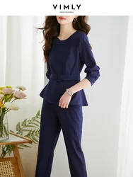 VIMLY Elegant Solid 2 Piece Sets Women Outfit 2023 Early Spring Office Ladies Fashion Belt Long Sleeve Tops Pant Matching Set