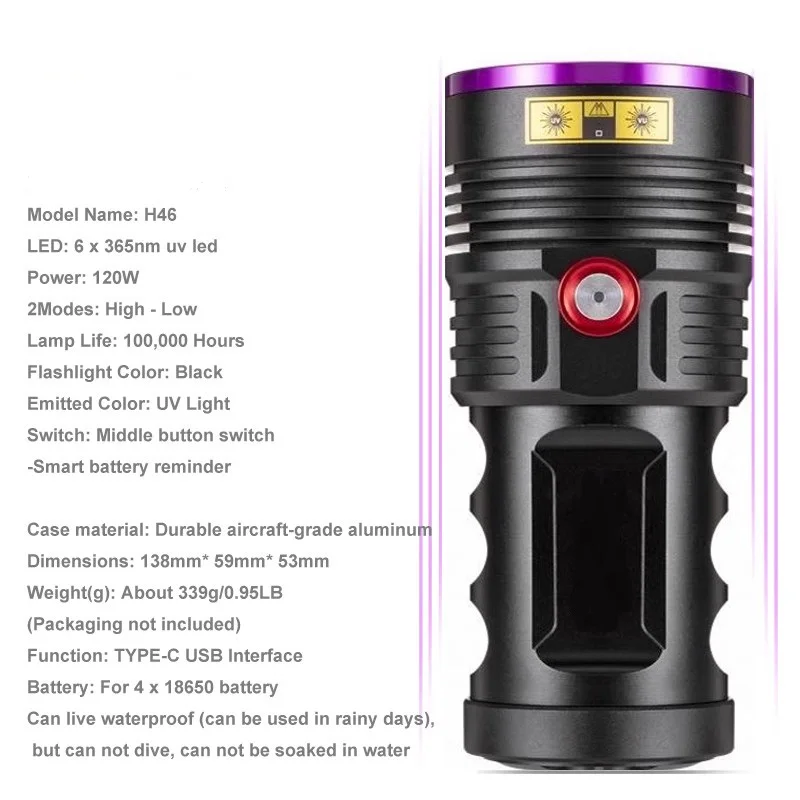 120W UV Flashlight Rechargeable Waterproof 18650 Purple Light Blacklights UltraViolet Light Torch For Pet Urine Stains Detector