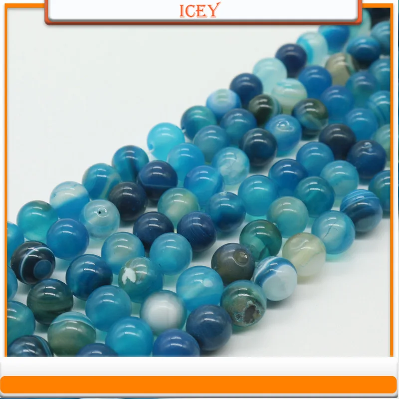 Icey 10pcs Striped Blue Agate DIY Handmade Jewelry Bracelet Necklace Accessories Semi Finished Striped Agate Beads