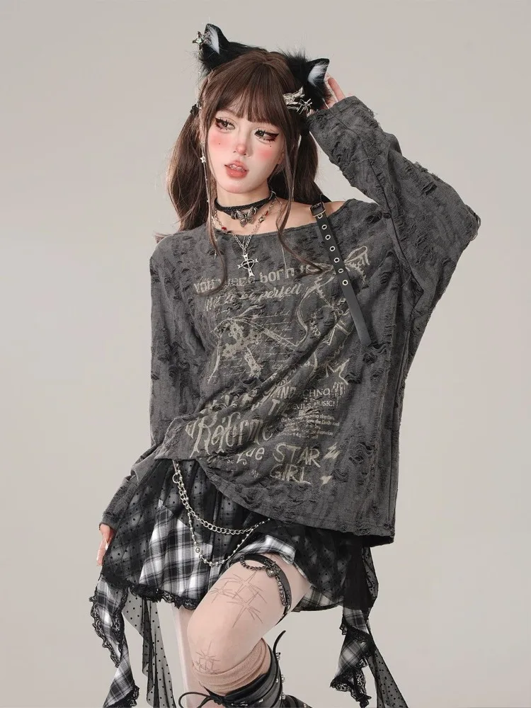 QWEEK Gothic Goth Grunge Dark Hollow Out T Shirt Women Harajuku Hollow Out Off Shoulder Sexy Tees Letter Print Tops 2024 Autumn