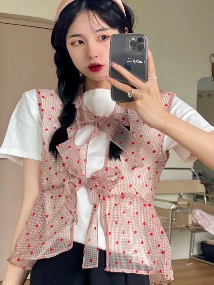 Korobov Polka Dot Gauze Tops Lace Bow Design Waistcoat White Short-sleeved T-shirt Fold Wear Tees Summer Sweet Fashion Camisas