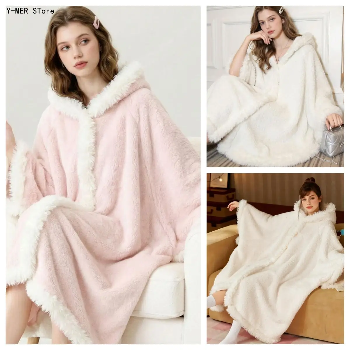 New Autumn Winter Women Hooded Cape Robe Extra Thick Fleece Lined Warm Loungewear Fluffy Oversized Sleep Bathrobe