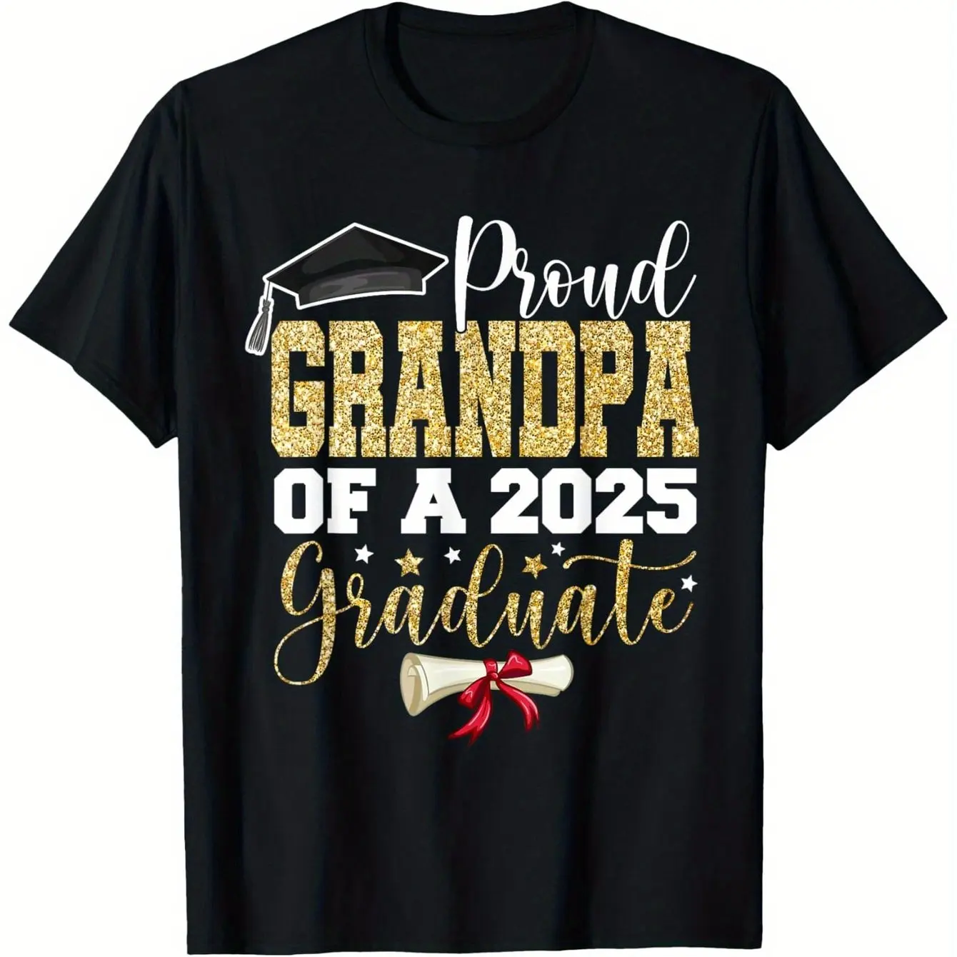 

Выпускная футболка Proud Grandpa 2025 — мужская черная хлопковая футболка с золотисто-белым принтом, повседневная футболка с круглым вырезом и коротким рукавом
