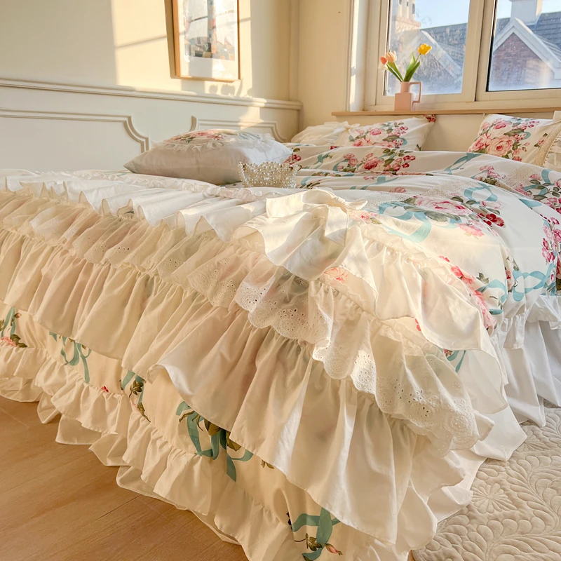 100% Cotton Korean Style Princess Bedding Set Cake Layers Big Lace Ruffles Flowers Duvet Cover Bed Skirt Bedspread Pillowcases